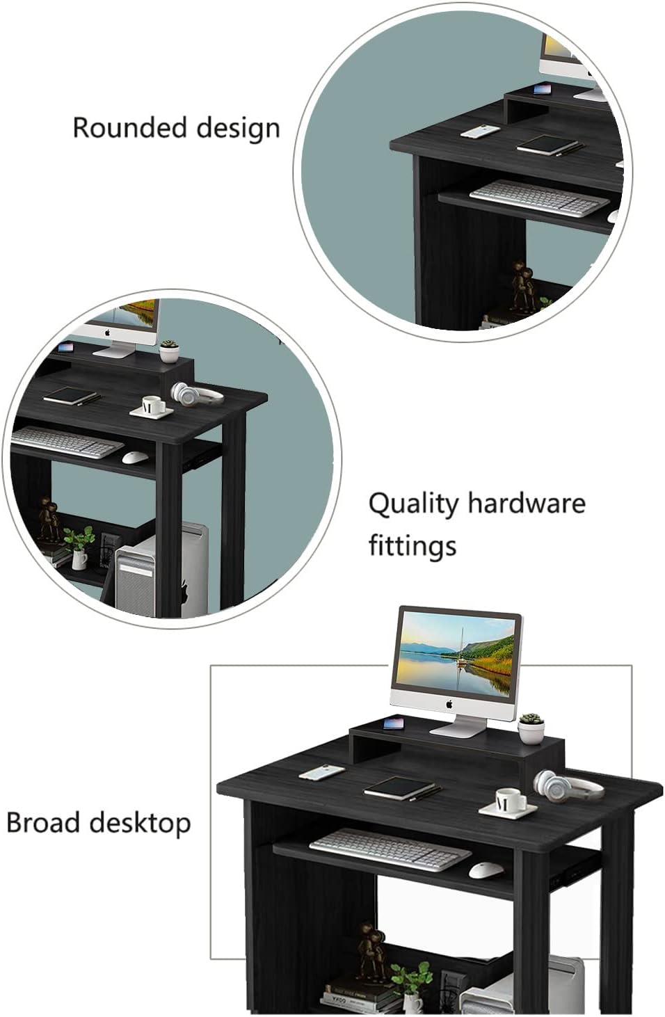 ALISENED Home Office Computer Desk with Monitor Stand Keyboard Tray， 29.5 Inch Study Writing Desk Small PC Laptop Table with Storage Shelves， Modern Workstation for Small Spaces Save Space - Image 6